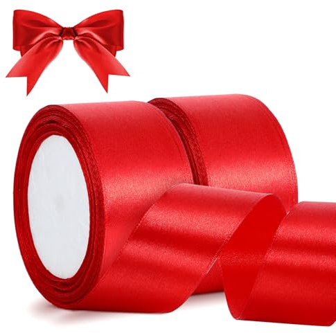 2 Rolln Schleifenband Rot,22m X 38mm Satinband Rot,Hochzeit Geschenkband Breit Dekoband,Geschenkbänder Stoffband für Geschenkverpackung Basteln Blumen Deko