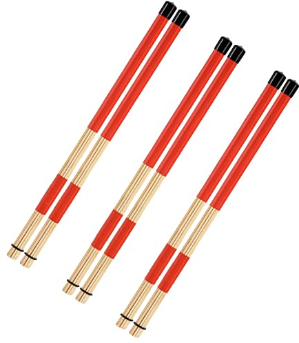 YOUEON 3 Pair 40 cm Bamboo Bundle Drumsticks, 5A Jazz Drum Sticks Constructed of 19 Bamboo Dowels, Rods Drum Brushes for Jazz, Folk, Small Venue and Acoustic Performance, Red