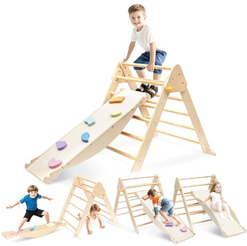 5 in 1 Pikler Dreieck Set Kinder Montessori Kletterdreieck Set mit Klappdreieck Leiter, Holz umkehrbare Kleinkind Kletterrutsche Seasaw für Indoor/Outdoor