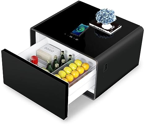 Modern Nightstand with Integrated Refrigerator and Tea Maker for Bedroom Living Room and Office Use.