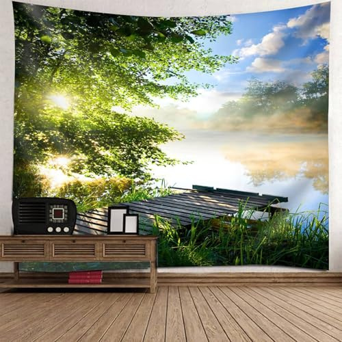 Mesnt Wandteppich Natur, 260x240cm Baum am See, natürliche Landschaft Tapisserie Wandbehang für Wohnzimmer Tagesdecke Zimmer Schlafzimmer Wanddeko | Grün Blau Weiß