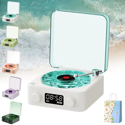 Waves Haut-Parleur Vinyle Vintage Bluetooth avec LumièRe Rvb Et Effet Vagues d'eau, Portable Wireless Enceinte Vinyle, Son StéRéO 3 Modes D'Aide Au Sommeil, avec LumièRe Et Heure RéGlables (Bleu)