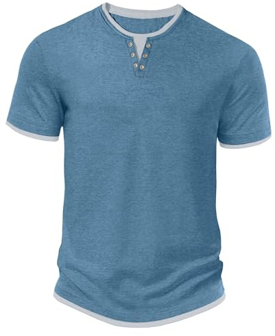 Hisir T-shirt d'été Henley à manches courtes et col rond pour homme - Coupe droite - Décontracté - Couleurs contrastées classiques