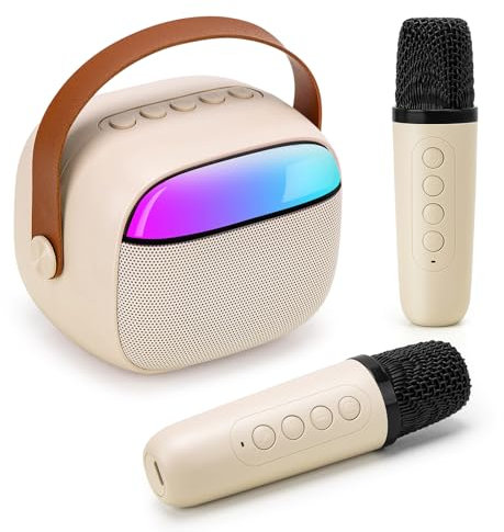 Funsland Karaoke con Microfono Bambini Regalo - Wireless Cassa Bluetooth con 2 Microfono Portatile, con Effetti di Cambio Voce & Luce LED, Regali per Bambini da 3 a 12 Anni Ragazzi e Ragazze (Beige)