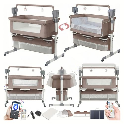 MoLi Beistellbett Baby mit Rollen, Convertible Faltbar Co-Sleeping Babybett, Stubenwagen Baby Kleinkind Wiege mit Musik, Fernbedienung und 5-schwankende Zahnräder (601 Khaki)
