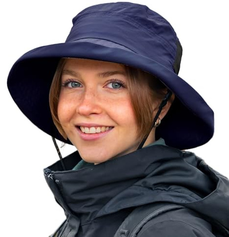 TOP-EX UPF 50 Sonnenhüte Damen mit Pferdeschwanz, Breiter Krempe Fischerhut für UV-Schutz, Wasserdicht regenhut, Kinnriemen, Atmungsaktiv Sommer-Mesh, Faltbar, Safari, Strand, Gärtner, Marineblau XL