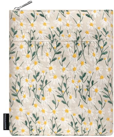 Dadanism Housse Livre Brodée Marguerite, Pochette Protecteur pour Livre, Cadeau Littéraire, Couverture avec Poche Avant Brochés Reliés, Cadeau Parfait pour Lecteur Enseignan, Beige