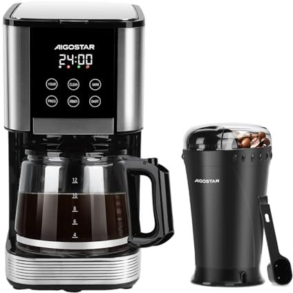 Aigostar Cafetera de Goteo con Molinillo, cafetera de filtro + Molinillo de Café Eléctrico (14 tazas, 1000 W, programable 24H, 2 niveles de intensidad, AutoLimpieza) &(60g, 200W, Cuchillas Acero Inox)