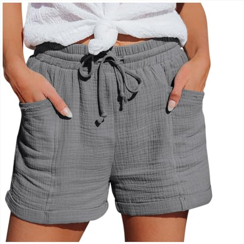 Generisch Shorts Damen Leinen Musselin Kurze Hose Beach Mit Taschen Mode Lässige Freizeit Stoffhose Stretch Gerades Bein Kordelzug Leinenhose Damen Bermuda Sommer Kurze Hose Für Die