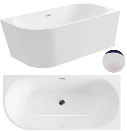 Aquauno, vasca angolare indipendente a destra, 160 x 80 cm, ovale in acrilico sanitario di alta qualità, vasca da bagno in acrilico con scarico click, troppopieno, copertura e scarico in cromo, design