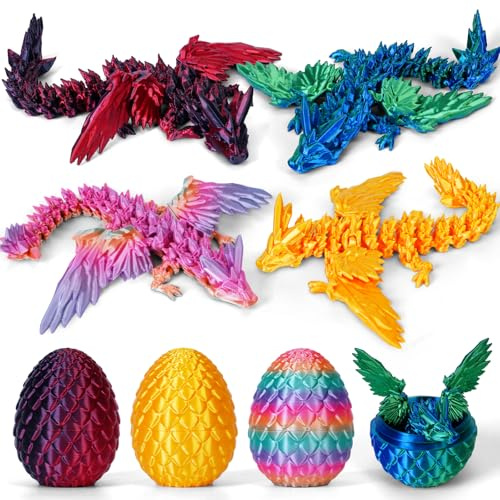 Merrwon 4er Set 3D-gedruckte Drachen mit Flügeln und Drachenei – Kreatives Spielzeug und Deko, Überraschungsei, Geschenk für Kinder (A)
