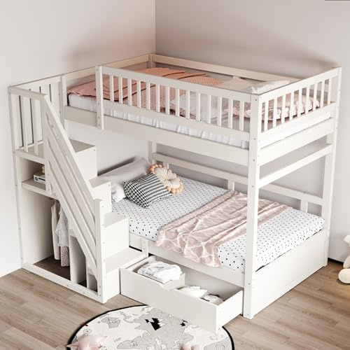 boorbin Letto a castello in legno massello 90 x 200 cm, con rete di sicurezza elevata, con rete a doghe, scala di sicurezza con spazio di archiviazione, con cassetti portaoggetti, lettino per ragazzi