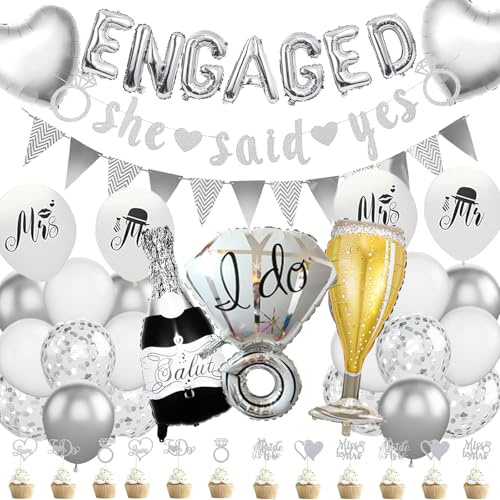 Engagement Party Decorations Set - Silver Glitter 'She Said Yes' Banner with Engagement Balloons and Proposal Decor