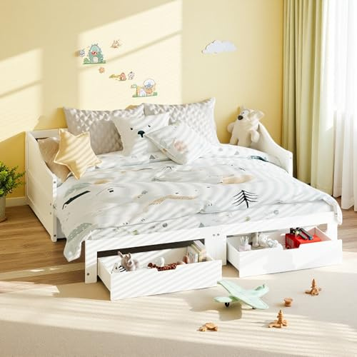Schlafsofa mit Doppelbett, 90/180 x 200 cm, Holz Multifunktionsbett mit 2 Schubladen, Ausziehbares Tagesbett, Einzelbett Massivholzbett mit Lattenrost, Bettsofa Sofabett Daybed Bett, Ohne Matratze