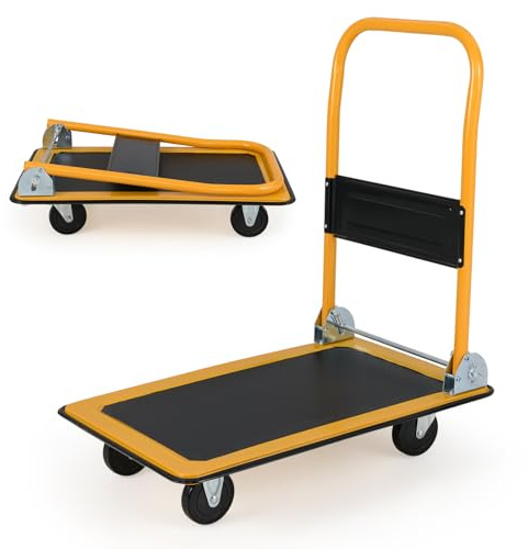 COSTWAY 150kg/300kg Folding Platform Trolley, Heavy Duty Hand Sack Truck with Handle & Bumper Strips, Rolling Flatbed Cart Dolly for Easy Transportation (Black+Yellow, 73x48x83cm, 150kg Capacity)
