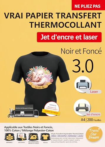 TransOurDream 200 Feuilles*A4 Papier Transfert pour Textile Foncé 3.0 | Compatible Imprimantes Jet d'Encre & Laser,Non Impression Miroir, Papier Transfert pour T-Shirt ou Textile Noir et Foncé,