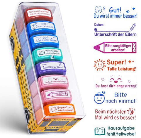 8er-Set Lehrer Stempel Selbstfärbend Bunt mit Box Motivation Korrektur