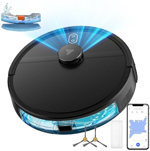 2 en 1 Robot Aspirateur Cartographie Jusqu'à 5000 Pa Navigation LiDAR | Automatique 120 Mins, Zone interdite, WiFi/App/Voix, Évitement Intelligent d'obstacles Idéal Pour les Poils d'animaux, Noir