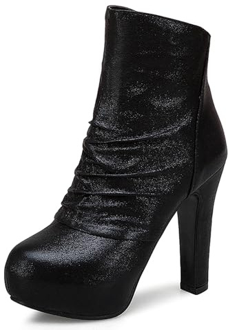LarDorLin Plataforma Tacón Alto Mujer Invierno Botas Cortas Formal Punta Rojoonda Boda Warm Botín Zip Fiesta Tacón Ancho Negro Talla 38 EU (39 CN)