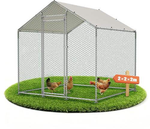 Hühnerstall 2x2x2m – Freilaufgehege Hühnerhaus mit PE-Dachabdeckung, Tür & Schloss, Winterfest Aussengehege für Kaninchen, Hühner, Gänse Tauben und Wachteln