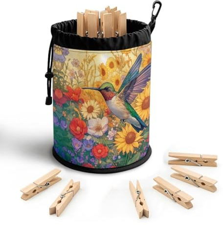 Hresuewn Hummingbird Floral Laundry Peg Bag with Drawstring, Clothespin Organizer Pouch with Hanging Loop, Portable Storage for Clips, Perfect for Drying Rack, Camping, Dorm Room