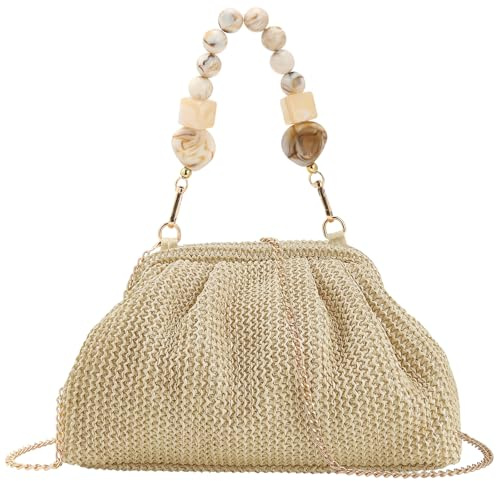 wocharm Women Straw Woven Pleated Cloud Shape Clutch Bag, Beaded Handle Summer Beach Crossbody Evening Purse with Chain Strap