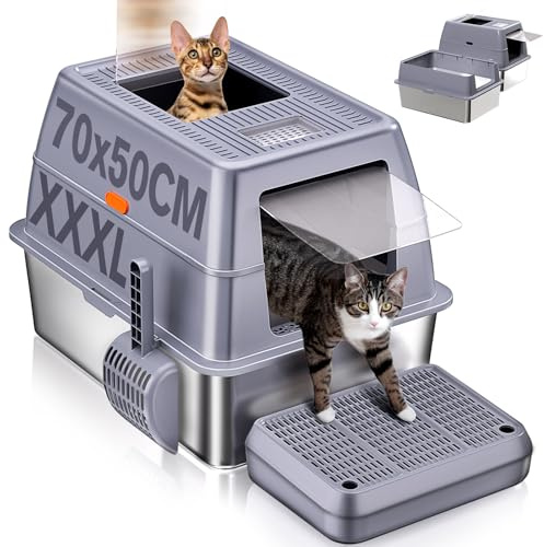 2 in 1 XXXL Stainless Steel Cat Litter Tray 70x50x45cm (90L) Metal Litter Tray Open/Enclosed Stainless Steel Cat Litter Box with Lid Splash and Leak-Proof, Easy to Clean Includes Scoop, Steps Mat