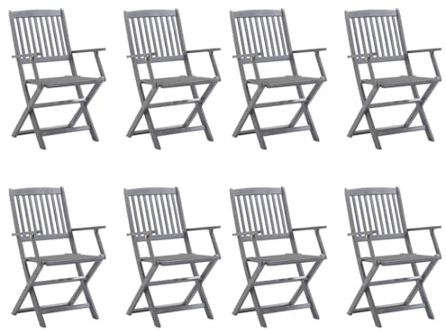 Mokuyary Fällbara trädgårdsstolar, set om 8 med kuddar, massivt trä, akacia balkongstol, terrassstolar, matstolar för terrass, trädgård, balkong – A