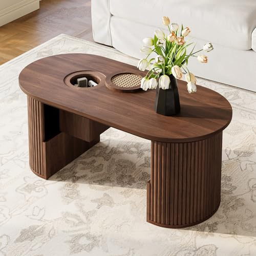 ZODICK Table Basse Moderne, Table D'appoint en Noyer à Texture Verticale, Style Rétro, Table de Salon avec Rangement, 105 x 50 x 46.5 cm