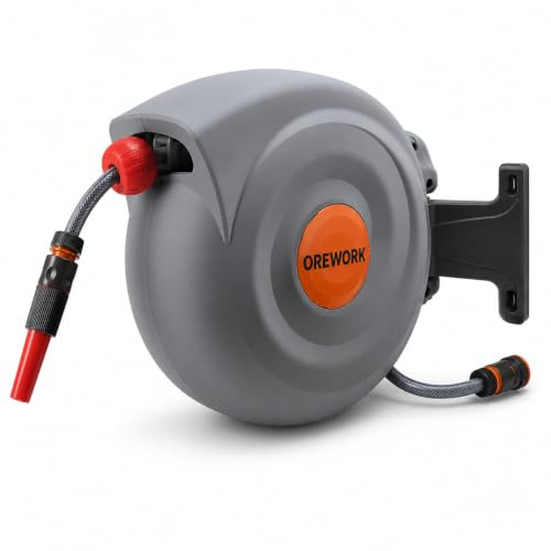 OREWORK Enrollador Automático de Manguera, 20 m, Diámetro 12 mm, con Muelle Retráctil, Soporte de Pared, Lanza de Riego
