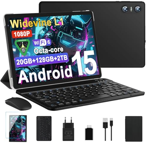 Tablet Android 15 Tablet 10 Pulgadas, 20GB RAM + 128GB ROM (TF 2TB), Octa-Core, Widevine L1, GMS, 5G+2.4G WiFi 6, 5 + 8 MP, 1280 * 800 Pixels, 6000mAh, Bluetooth 5.0, Tableta con Teclado y Raton Negro