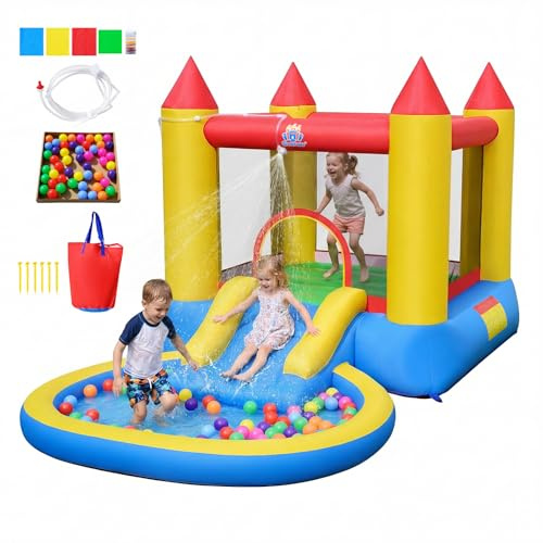 COSTWAY Hüpfburg mit Rutsche, Sprungbereich & Planschbecken, Bouncy Castle für Kinder, Innen- und Außenbereich, 362 x 196,5 x 193 cm