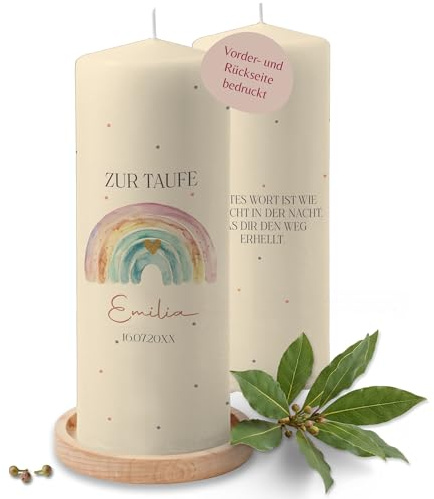 Taufkerze - Bunter Boho Regenbogen mit Herz - Zur Taufe mit Name, Datum und Wunschtext - 230/78 mm - Elfenbein