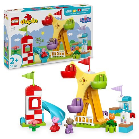 LEGO DUPLO Peppa Wutz Jahrmarkt - Montessori Spielzeug - Motorikspielzeug für Kinder ab 2 Jahren - Vorschule Spiele mit Riesenrad, Rutsche & 3 Figuren inkl. Mollie Mieze & Klausi Kläff 10453