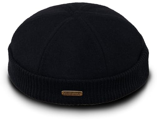 Sterkowski Navy Watch Dockermütze | 100% Wolle Hafenarbeitermütze für Herren und Damen | Wintermütze Fischermütze Wollmütze Ohne Schirm Matrosenmütze Docker Vintage Arbeitermütze Schwarz 55 cm