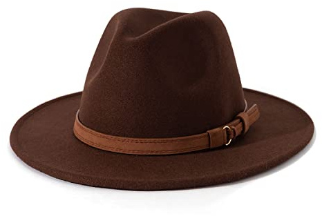 Lisianthus Sombrero Fedora vintage de ala ancha para hombre y mujer con hebilla de cinturón, Café, Large