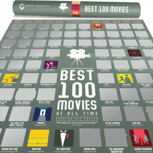 100 Best Movies Scratch Off Poster by Travel Revealer - Best Films of All Time Bucket List Movie Poster (17”x24) Minimalist Modern Design by British Artist. Each Film Icon Unique.