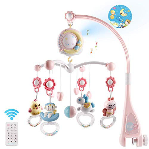 Berceau de musique pour bébé Lit bébé mobile avec fonction de temporisation Projecteur et lumières,suspendu tournant Hochets et télécommande boîte à musique avec 150 mélodies, Jouet nouveau-né (rose)