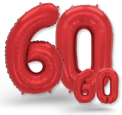 FUNXGO® folienballon 60 rot - 2 Stück - 42 & 17- luftballon zahl 60 - Zahlen rot Ballon 60 Deko zum Geburtstag, Hochzeit, Jubiläum oder Fest, Party Dekoration -100cm & 38cm- ballon rot 60