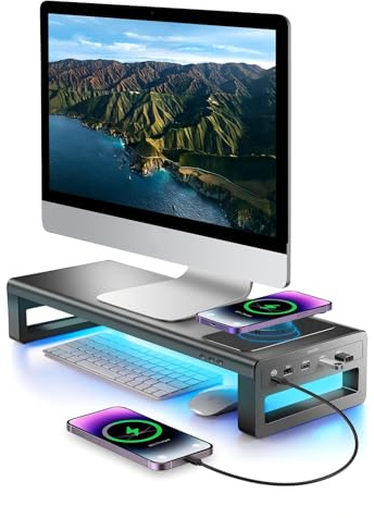 VAYDEER Monitor Stand Riser, Wireless Charging, 3 USB Ports | 20W USB-C Charging, RGB Lighting, Metal Construction, For Monitors, Laptops and Desk Organisation