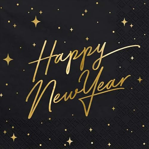 PartyDeco Papierservietten Happy New Year- Schwarze Servietten mit goldmetallischer Happy New Year Aufschrift - Schwarz/GoldSilvester Neujahr Party Dekoration Einweg Découpage