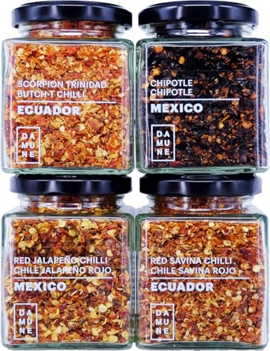 DAMUNE Chiles en Escamas: Jalapeño Rojo Escamas - 80 g, Chipotle Escamas - 80 g, Habanero Red Savina Escamas - 50 g y Habanero Scoprion Trinidad Escamasn - 60 g