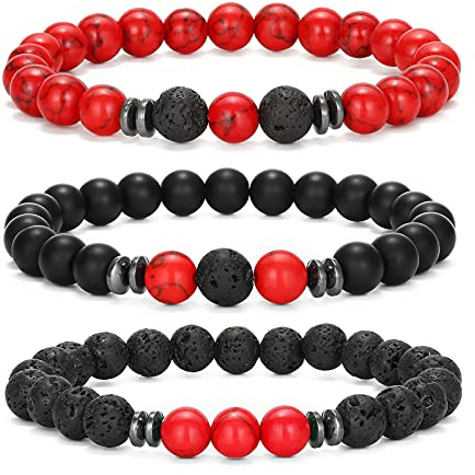MengPa Mens Beaded Bracelets Couples Matching Bracelet Set Tiger Eye Matte Lava Rock Beads for Women Stone Jewelry (Red Howlite US4543A)