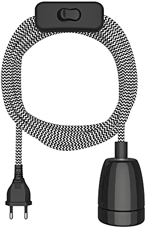 ledscom.de Textilkabel LEHA II, stickpropp, brytare, svart, vit, räfflad, 3 m, porslinsuttag, 1x E27 max. 300W