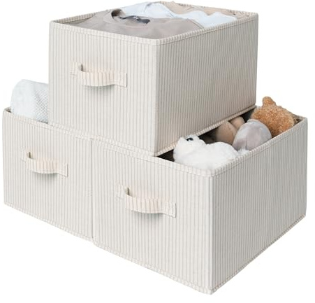 StorageWorks Foldable Shelf Organizer Bins, Closet Storage Baskets for Clothes, Fabric Storage Bins for Shelves, Beige Stripes, 3-Pack, Large