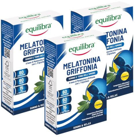 Equilibra Integratori Alimentari, Melatonina + Griffonia, Integratore a Base di Melatonina e Griffonia, Contribuisce a Ridurre Tempo di Addormentamento, Favorisce Rilassamento, 3 Pezzi da 60 Compresse