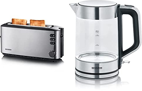 SEVERIN 3420-000 WK 3420 Wasserkocher, 2200, 1.7 liters, Glas-Edelstahl-gebürstet/schwarz & Automatik-Langschlitztoaster, 1.000 W, Edelstahl-gebürstet/schwarz, AT 2515