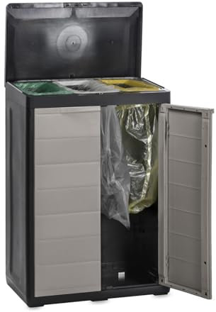 Toomax mobile in plastica da interni ed esterni per raccolta differenziata Elegance, 3 scomparti, 2 ante, colore nero/grigio Tortora.