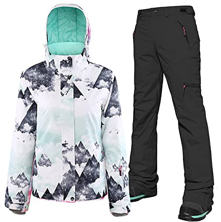 HOTIAN Ensemble veste et pantalon de ski pour femme, combinaison de snowboard imperméable et coupe-vent, manteau de neige chaud pour l'hiver, 1 blanc + noir, M