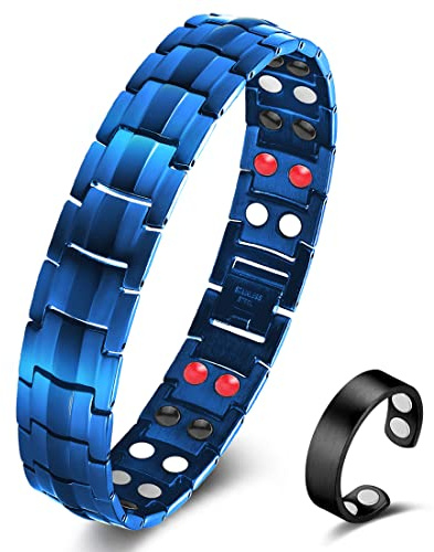 Vicmag Pulsera Magnética para Hombre, Terapia y Drenaje Linfático, Doble Fila, Curación Con Herramienta de Ajuste (Azul 4 Elementos)